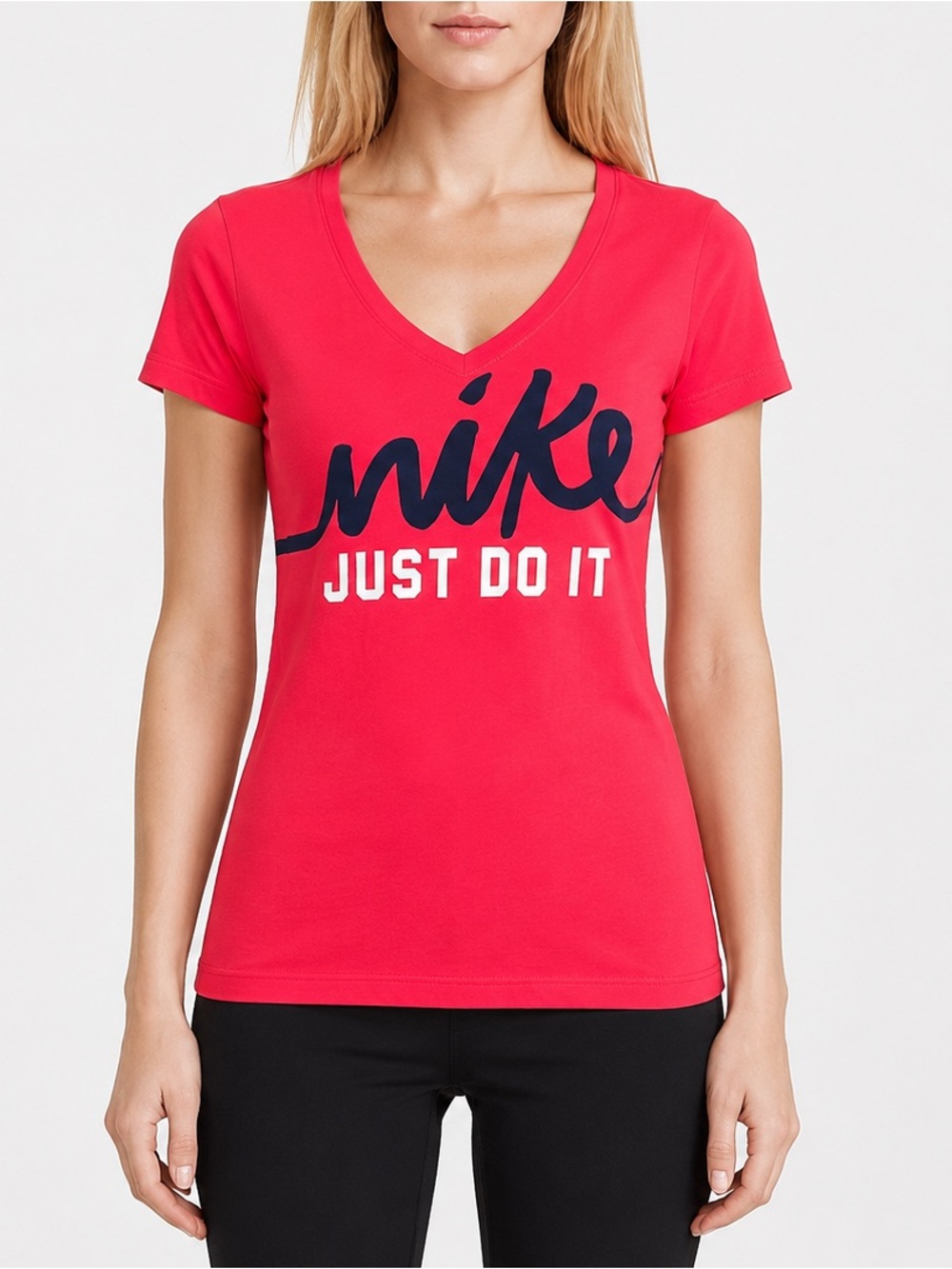 Nike Just Do It Bright Pink/Navy/White Slim Fit V-Neck T-Shirt Size Large